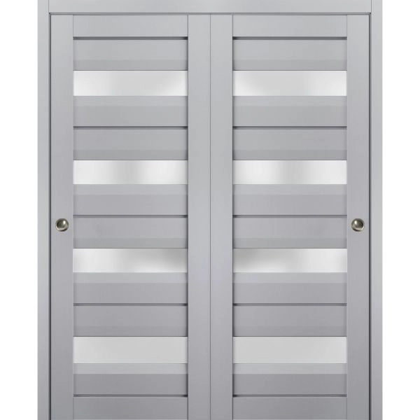 Sliding Closet Bypass Doors | Veregio 7455 Matte Grey with Frosted Glass | Sturdy Rails Moldings Trims Hardware Set | Wood Solid Bedroom Wardrobe Doors