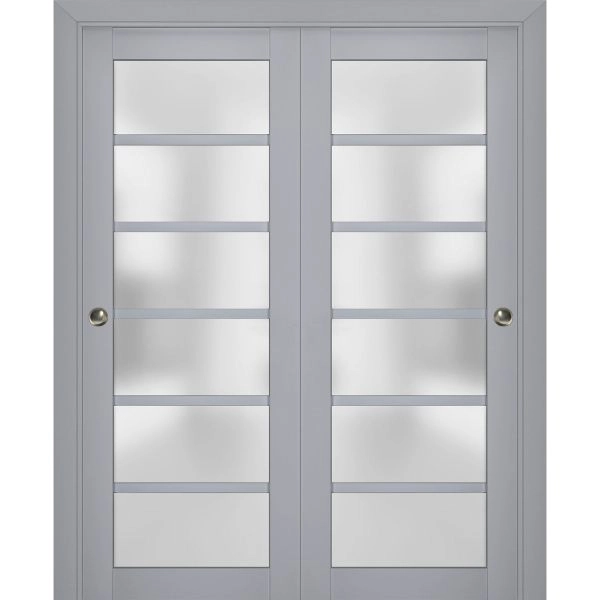Sliding Closet Bypass Doors | Veregio 7602 Matte Grey with Frosted Glass | Sturdy Rails Moldings Trims Hardware Set | Wood Solid Bedroom Wardrobe Doors 