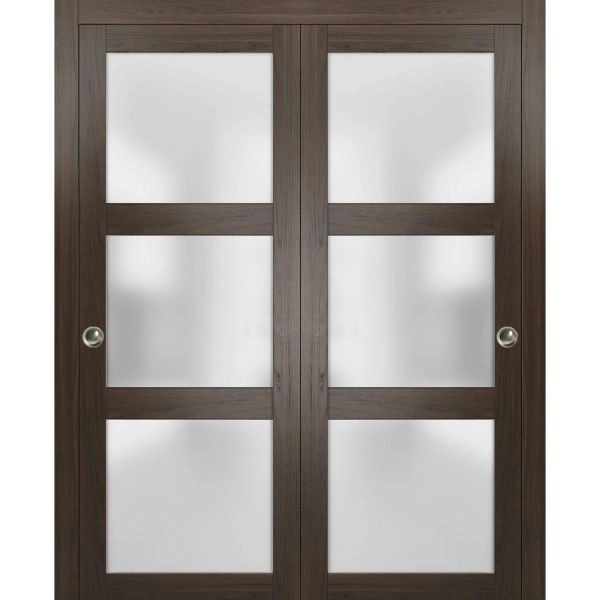Sliding Closet Bypass Doors | Lucia 2552 Chocolate Ash with Frosted Glass | Sturdy Rails Moldings Trims Hardware Set | Wood Solid Bedroom Wardrobe Doors 