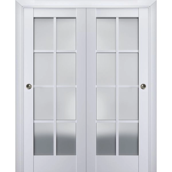 Sliding Closet Bypass Doors | Veregio 7412 White Silk with Frosted Glass | Sturdy Rails Moldings Trims Hardware Set | Wood Solid Bedroom Wardrobe Doors 