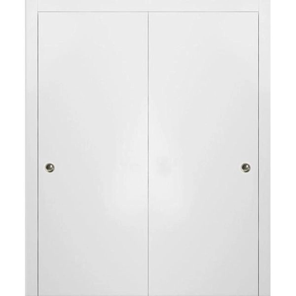 Planum 0010 Interior Closet Sliding Solid Wood Bypass Doors White Silk with Track Hardware Set
