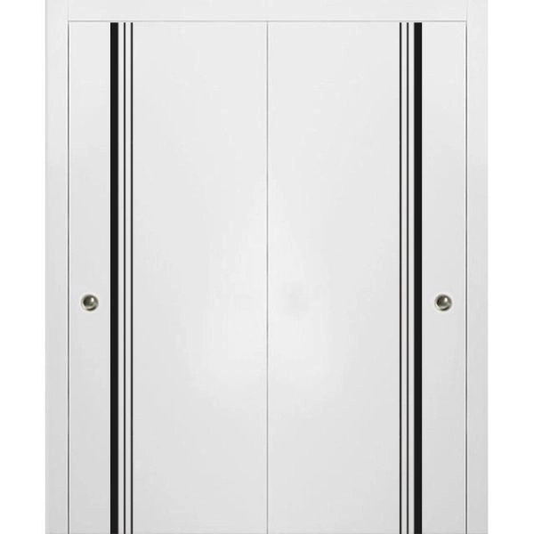 Sliding Closet Bypass Doors | Planum 0011 White Silk and Aluminum Strips | Sturdy Top Mount Rails Moldings Trims Hardware Set | Wood Solid Bedroom Wardrobe Doors