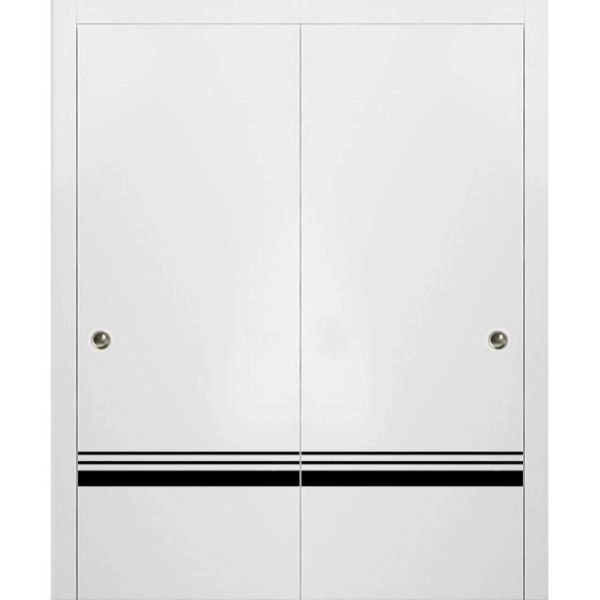 Sliding Closet Bypass Doors | Planum 0012 White Silk and Aluminum Strips | Sturdy Top Mount Rails Moldings Trims Hardware Set | Wood Solid Bedroom Wardrobe Doors