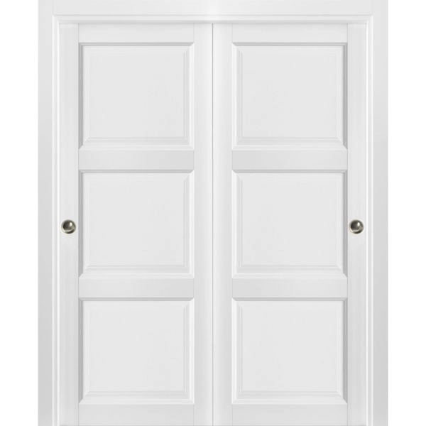 Sliding Closet Bypass Doors with hardware | Lucia 2661 White Silk | Sturdy Rails Moldings Trims Hardware Set | Pantry Kitchen 3-Panels Wooden Solid Bedroom Wardrobe Doors 