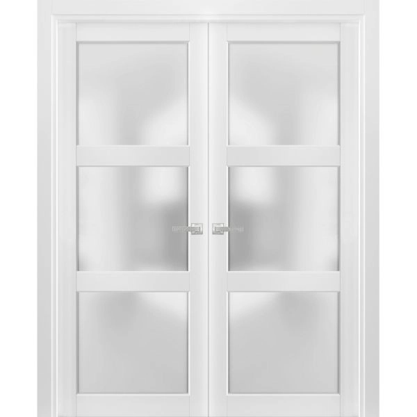 French Double Panel Lite Doors with Hardware | Lucia 2552 White Silk with Frosted Glass | Panel Frame Trims | Bathroom Bedroom Interior Sturdy Door 