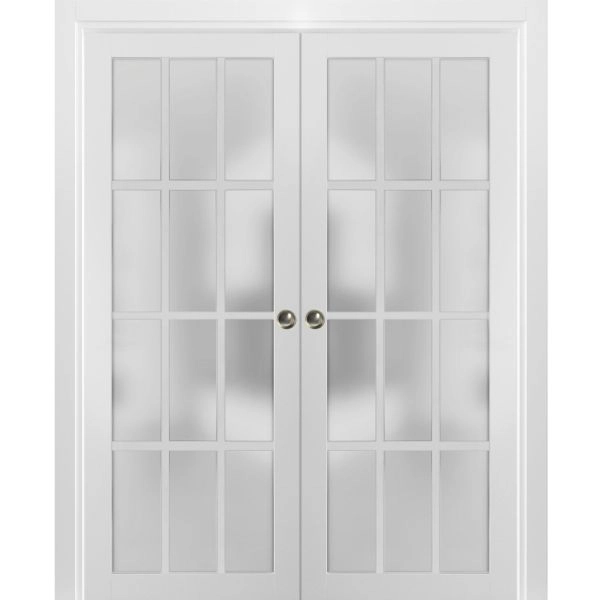 Sliding French Double Pocket Doors Frosted Glass 12 Lites | Felicia 3312 White Matte | Kit Trims Rail Hardware | Solid Wood Interior Bedroom Sturdy Doors -36" x 80" (2* 18x80)