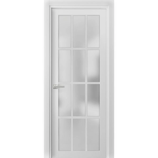 Solid French Door Frosted Glass 12 Lites | Felicia 3312 White Silk | Single Regural Panel Frame Trims Handle | Bathroom Bedroom Sturdy Doors -18" x 80"