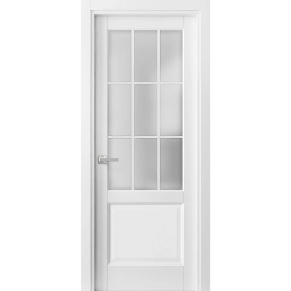 Solid French Door 9 Lites | Felicia 3309 Matte White with Frosted Glass | Single Regural Panel Frame Trims Handle | Bathroom Bedroom Sturdy Doors 