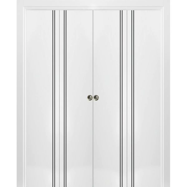 Sliding Closet Double Bi-fold Doors | Planum 0016 White Silk and Aluminum Strips | Sturdy Tracks Moldings Trims Hardware Set | Wood Solid Bedroom Wardrobe Doors