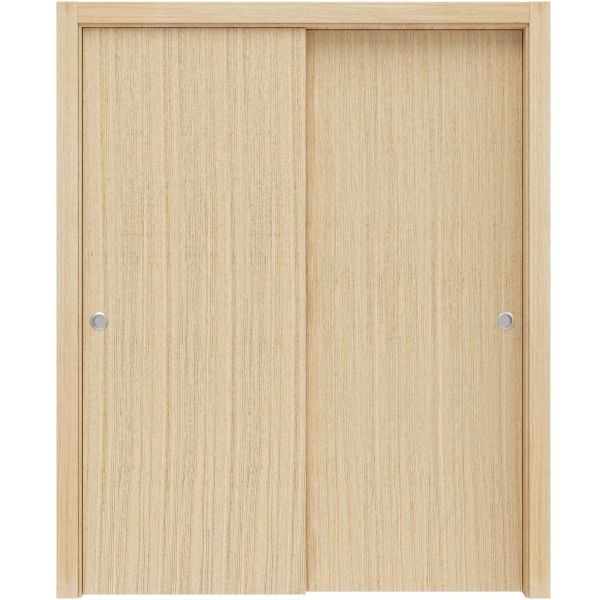 Sliding Closet Bypass Doors | Planum 0010 Vertical Natural Veneer | Sturdy Rails Moldings Trims Hardware Set | Wood Solid Bedroom Wardrobe Doors