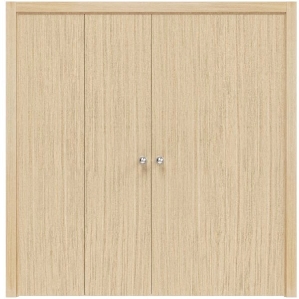 Sliding Closet Double Bi-fold Doors | Planum 0010 Vertical Natural Veneer | Sturdy Tracks Moldings Trims Hardware Set | Wood Solid Bedroom Wardrobe Doors