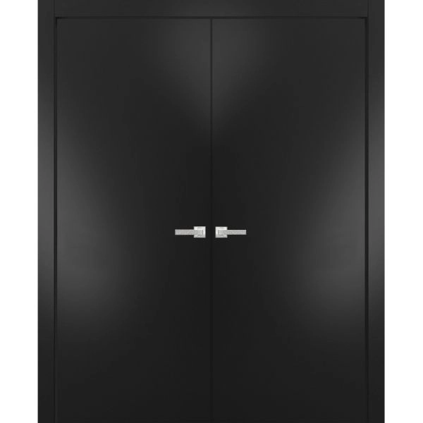Solid French Double Doors | Planum 0010 Matte Black | Wood Solid Panel Frame Trims | Closet Bedroom