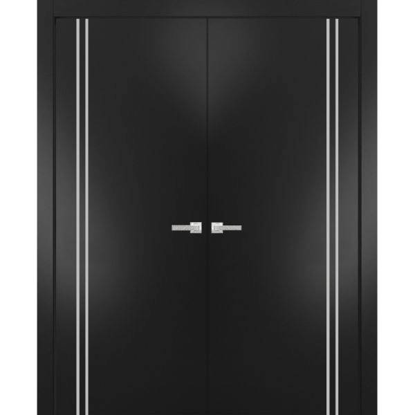 Solid French Double Doors | Planum 0310 Matte Black and Aluminum Strips | Wood Solid Panel Frame Trims | Closet Bedroom