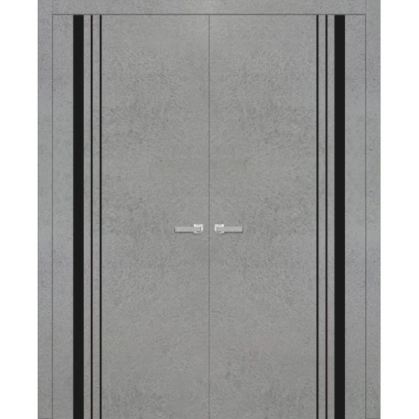 Planum Solid French Double Doors | Planum 0011 Concrete and Aluminum Strips | Wood Solid Panel Frame Trims | Closet Bedroom Sturdy Doors