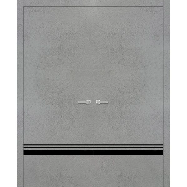 Planum Solid French Double Doors | Planum 0012 Concrete and Aluminum Strips | Wood Solid Panel Frame Trims | Closet Bedroom Sturdy Doors