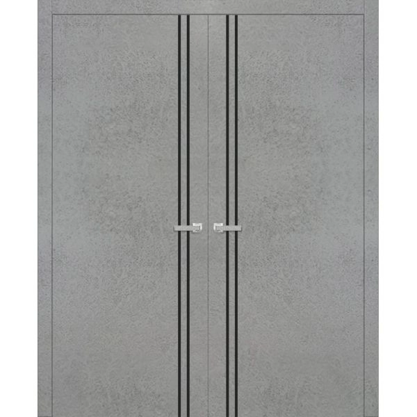 Planum Solid French Double Doors | Planum 0016 Concrete and Aluminum Strips | Wood Solid Panel Frame Trims | Closet Bedroom Sturdy Doors