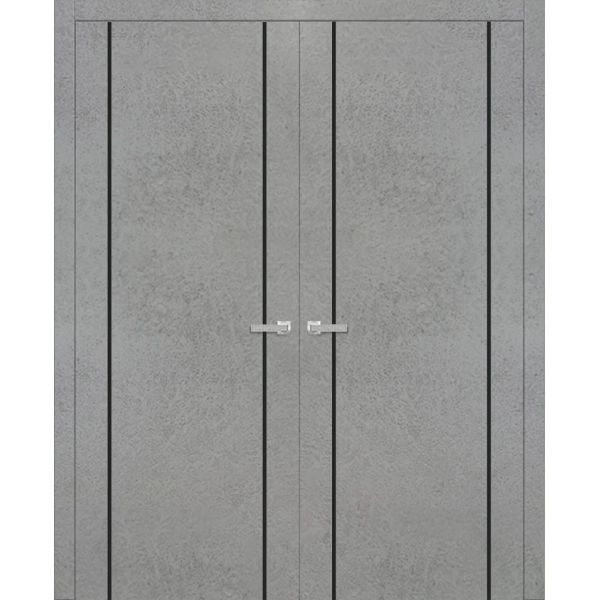Solid French Double Doors | Planum 0017 Concrete and Aluminum Strips | Wood Solid Panel Frame Trims | Closet Bedroom Sturdy Doors -36" x 80" (2* 18x80)