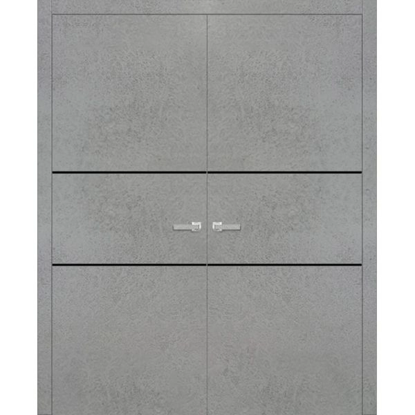 Planum Solid French Double Doors | Planum 0014 Concrete and Aluminum Strips | Wood Solid Panel Frame Trims | Closet Bedroom Sturdy Doors