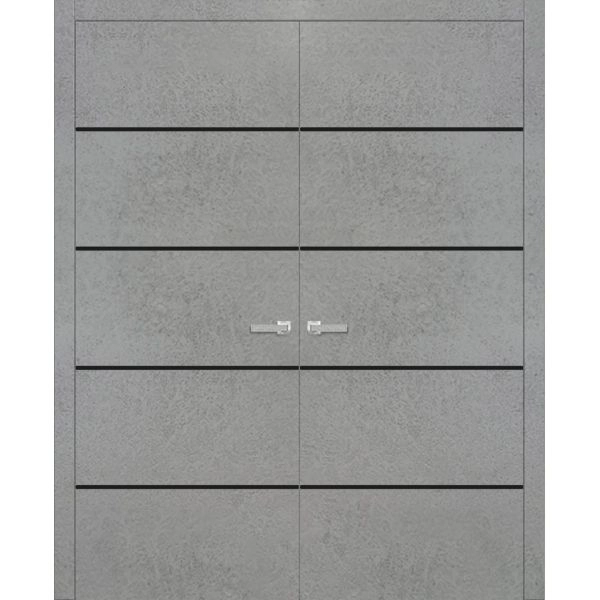 Planum Solid French Double Doors | Planum 0015 Concrete and Aluminum Strips | Wood Solid Panel Frame Trims | Closet Bedroom Sturdy Doors