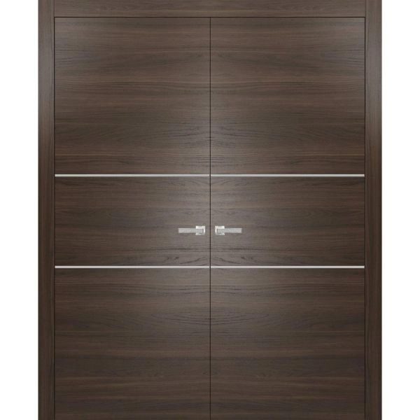 Solid French Double Doors | Planum 0110 Chocolate Ash and Aluminum Strips | Wood Solid Panel Frame Trims | Closet Bedroom