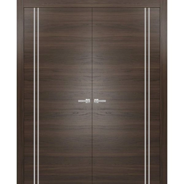 Solid French Double Doors | Planum 0310 Chocolate Ash and Aluminum Strips | Wood Solid Panel Frame Trims | Closet Bedroom