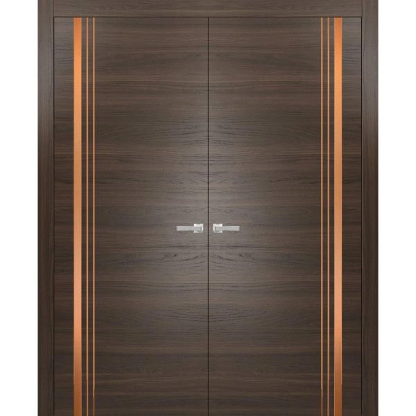 Solid French Double Doors | Planum 1010 Chocolate Ash and Aluminum Strips | Wood Solid Panel Frame Trims | Closet Bedroom