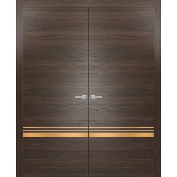Solid French Double Doors | Planum 2010 Chocolate Ash and Aluminum Strips | Wood Solid Panel Frame Trims | Closet Bedroom