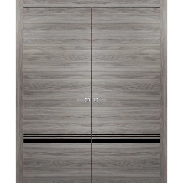 Solid French Double Doors | Planum 0012 Ginger Ash and Aluminum Strips | Wood Solid Panel Frame Trims | Closet Bedroom