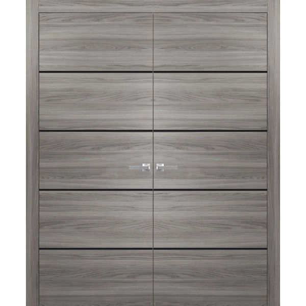 Solid French Double Doors | Planum 0015 Ginger Ash and Aluminum Strips | Wood Solid Panel Frame Trims | Closet Bedroom