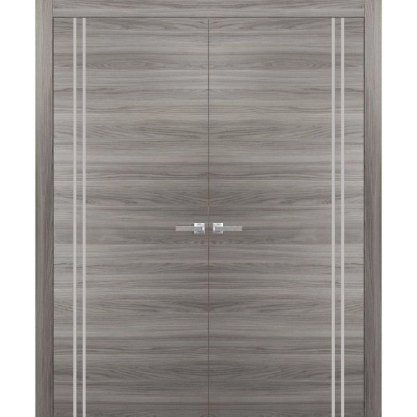 Solid French Double Doors | Planum 0310 Ginger Ash and Aluminum Strips | Wood Solid Panel Frame Trims | Closet Bedroom