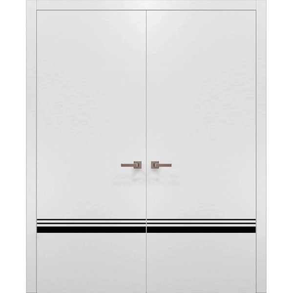 Solid French Double Doors | Planum 0012 White Silk and Aluminum Strips | Wood Solid Panel Frame Trims | Closet Bedroom