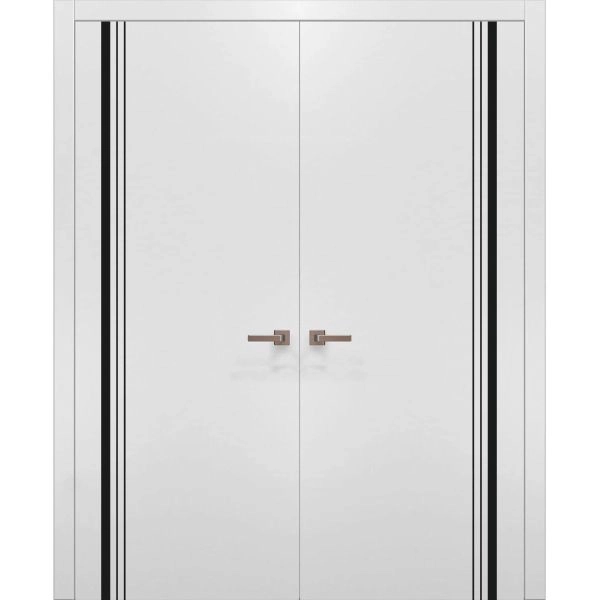 Solid French Double Doors | Planum 0011 White Silk and Aluminum Strips | Wood Solid Panel Frame Trims | Closet Bedroom