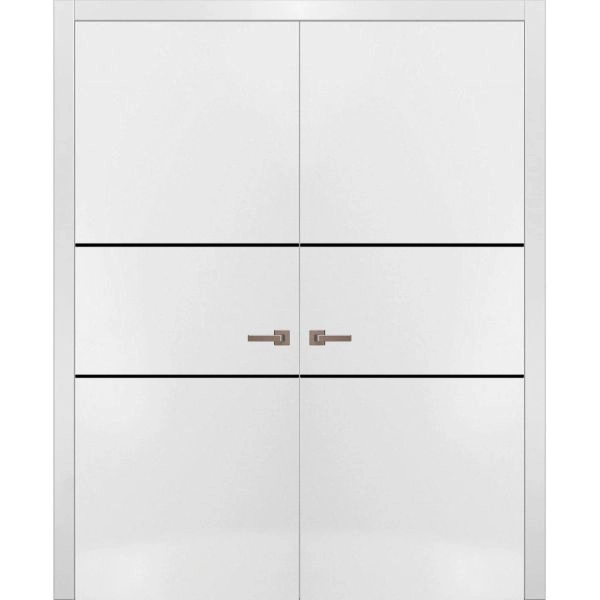Solid French Double Doors | Planum 0014 White Silk and Aluminum Strips | Wood Solid Panel Frame Trims | Closet Bedroom