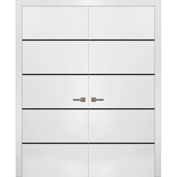 Solid French Double Doors | Planum 0015 White Silk and Aluminum Strips | Wood Solid Panel Frame Trims | Closet Bedroom