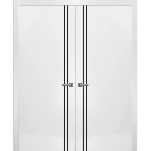Solid French Double Doors | Planum 0016 White Silk and Aluminum Strips | Wood Solid Panel Frame Trims | Closet Bedroom