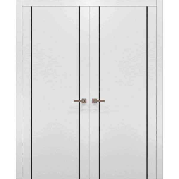 Solid French Double Doors | Planum 0017 White Silk and Aluminum Strips | Wood Solid Panel Frame Trims | Closet Bedroom-36" x 80" (2* 18x80)