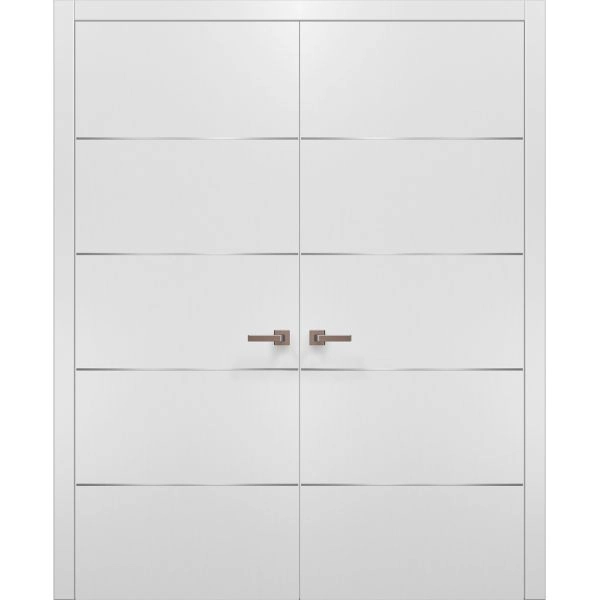 Planum 0020 Interior Double Pre-hung Closet Doors White Silk with Trims Frame Handles