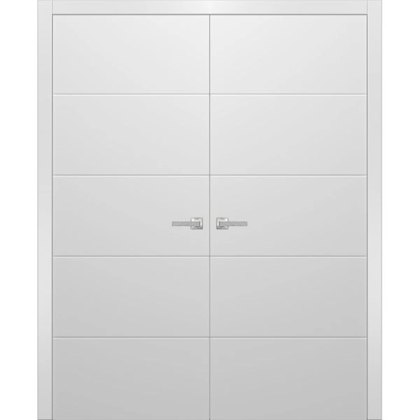 Planum Solid French Double Doors | Planum 0770 Painted White Matte | Wood Solid Panel Frame Trims | Closet Bedroom Sturdy Doors 