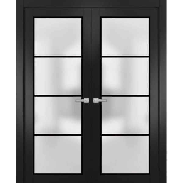 Solid French Double Doors | Planum 2132 Matte Black with Frosted Glass and Aluminum Strips | Wood Solid Panel Frame Trims | Closet Bedroom Sturdy Doors