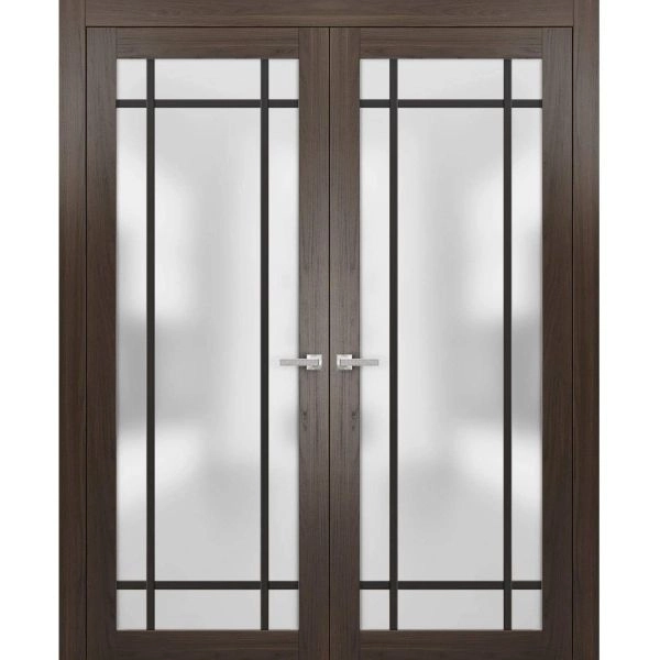 Solid French Double Doors | Planum 2112 Chocolate Ash with Frosted Glass and Aluminum Strips | Wood Solid Panel Frame Trims | Closet Bedroom Sturdy Doors