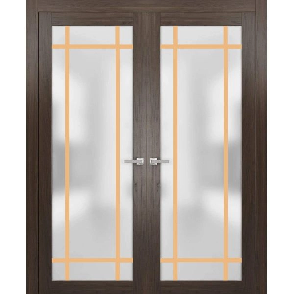 Solid French Double Doors | Planum 2113 Chocolate Ash with Frosted Glass and Aluminum Strips | Wood Solid Panel Frame Trims | Closet Bedroom Sturdy Doors