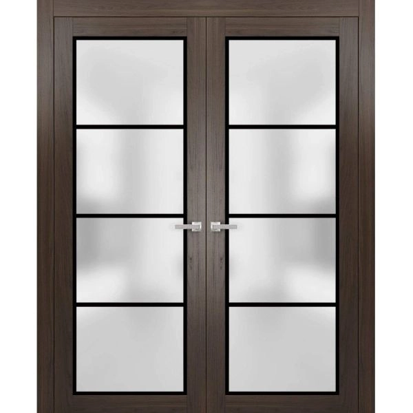 Solid French Double Doors | Planum 2132 Chocolate Ash with Frosted Glass and Aluminum Strips | Wood Solid Panel Frame Trims | Closet Bedroom Sturdy Doors
