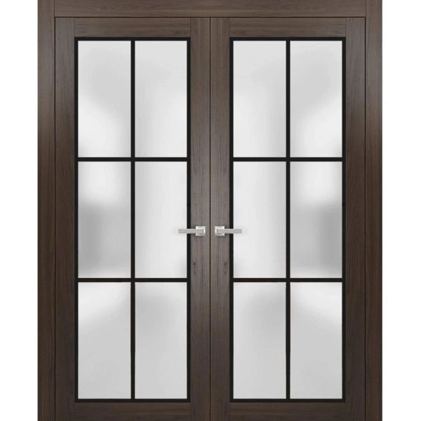 Solid French Double Doors | Planum 2122 Chocolate Ash with Frosted Glass and Aluminum Strips | Wood Solid Panel Frame Trims | Closet Bedroom Sturdy Doors