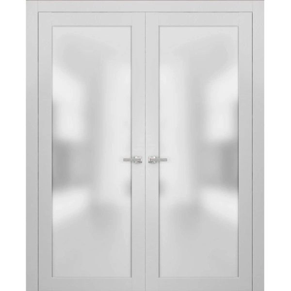 Planum 2102 Interior Double Pre-hung Closet Doors White Silk with Trims Frame Handles