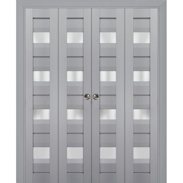 Sliding Closet Double Bi-fold Doors | Veregio 7455 Matte Grey with Frosted Glass | Sturdy Tracks Moldings Trims Hardware Set | Wood Solid Bedroom Wardrobe Doors 