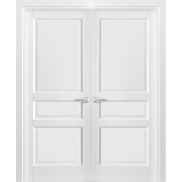French Double Panel Solid Doors with Hardware | Lucia 31 White Silk | Pre-hung Panel Frame Trims | Bathroom Bedroom Interior Sturdy Door
