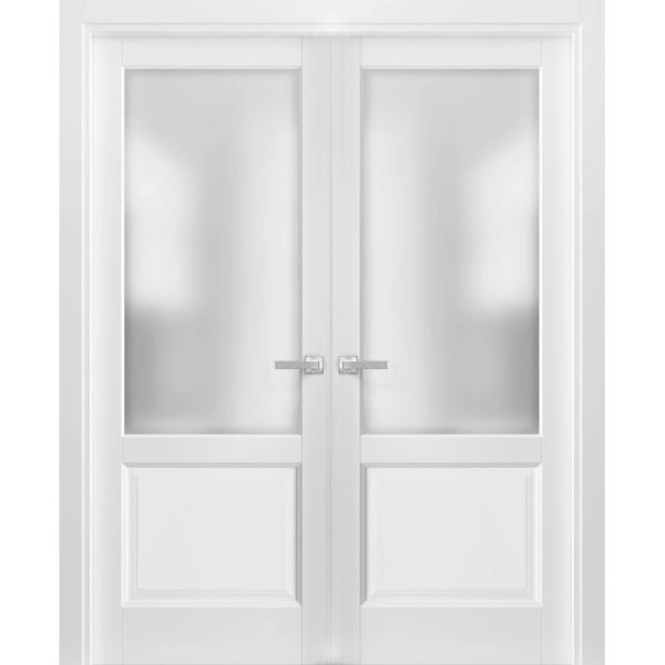French Double Panel Lite Doors with Hardware | Lucia 22 White Silk with Frosted Opaque Glass | Pre-hung Panel Frame Trims | Bathroom Bedroom Interior Sturdy Door