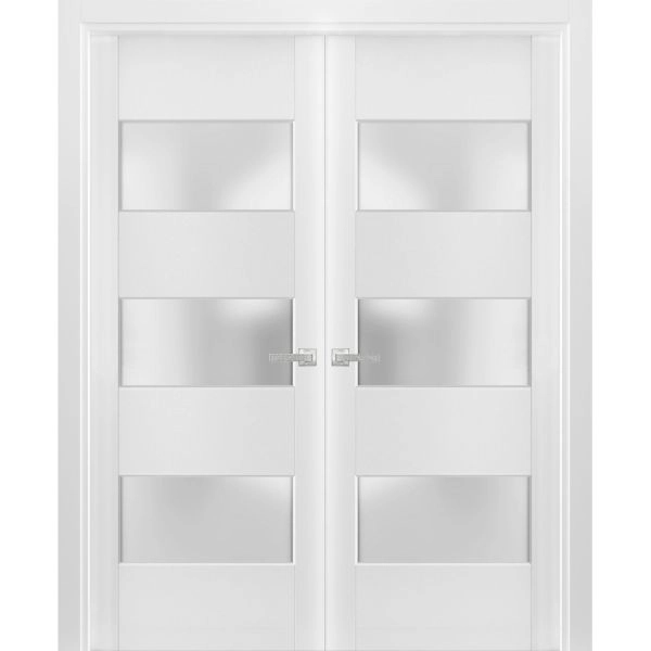 Solid French Double Doors 3 Lites | Lucia 4070 White Silk with Frosted Glass | Wood Solid Panel Frame Trims | Closet Bedroom Sturdy Doors 