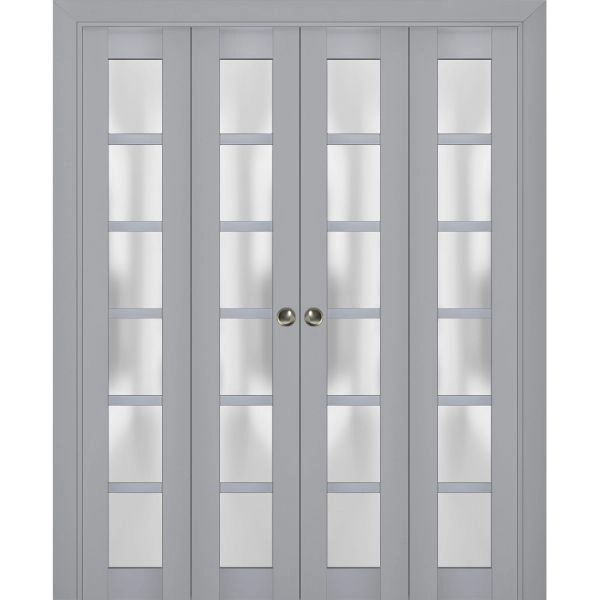 Sliding Closet Double Bi-fold Doors | Veregio 7602 Matte Grey with Frosted Glass | Sturdy Tracks Moldings Trims Hardware Set | Wood Solid Bedroom Wardrobe Doors 