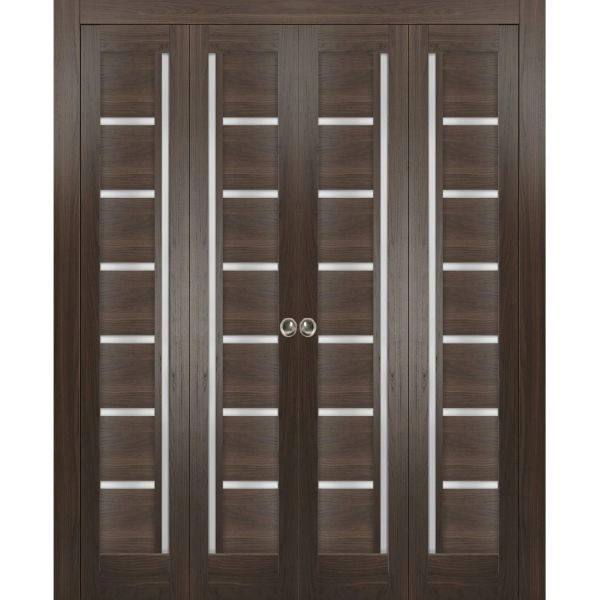 Sliding Closet Double Bi-fold Doors | Quadro 4088 Chocolate Ash with Frosted Glass | Sturdy Tracks Moldings Trims Hardware Set | Wood Solid Bedroom Wardrobe Doors 